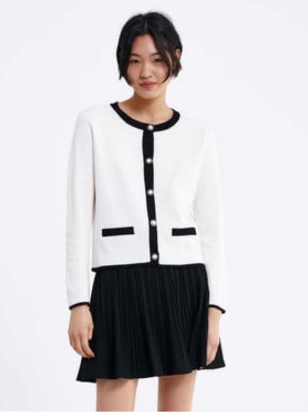 Zara Black & White Pearl-Button Cardigan